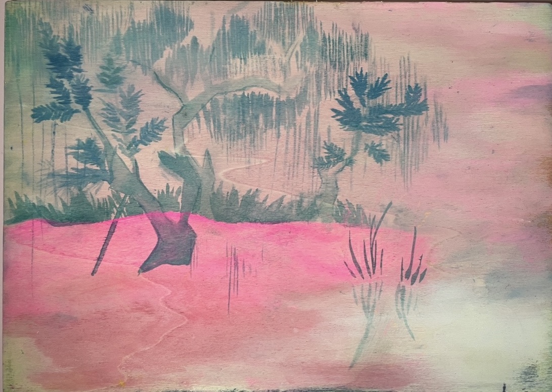 landscape, blue green pink white painting